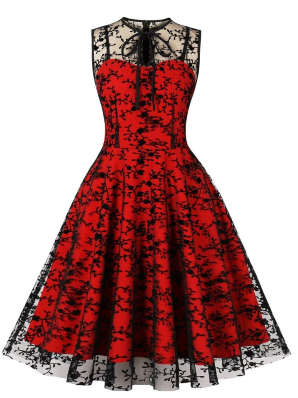 NWOT Floral Lace Keyhole Fit-and-Flare Dress with Sheer Yoke
